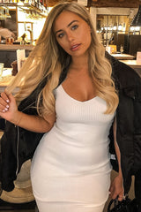 Cream Rib Knit V Neck Mini Dress - Amylia-Dresses