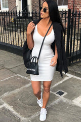 Cream Rib Knit V Neck Mini Dress - Amylia-Dresses