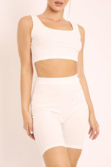 Cream Ribbed Crop Top and Cycling Shorts Co-ord - Nina-Co-ords