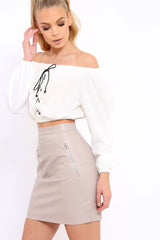 Cream Ribbed Lace Up Bardot Crop Top - Sara-Crop Tops