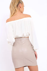 Cream Ribbed Lace Up Bardot Crop Top - Sara-Crop Tops