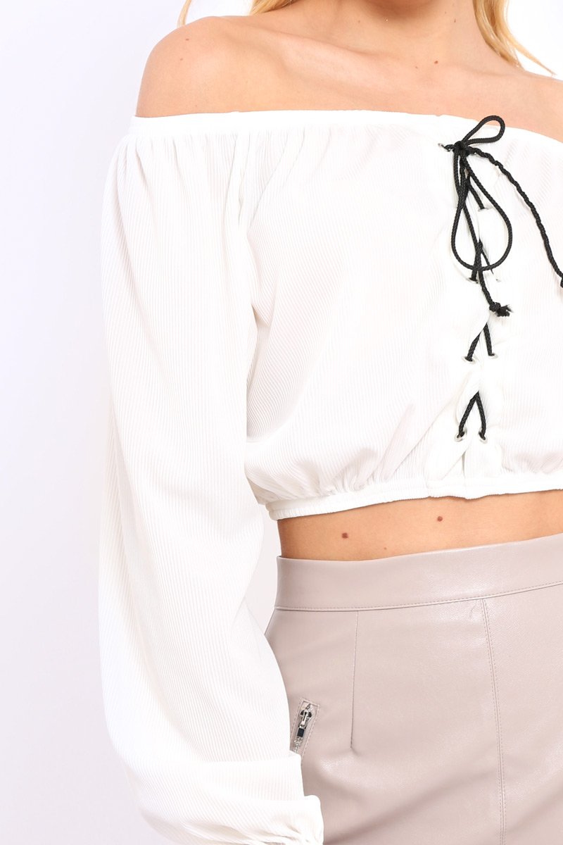 Cream Ribbed Lace Up Bardot Crop Top - Sara-Crop Tops