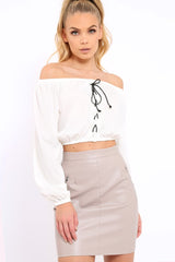 Cream Ribbed Lace Up Bardot Crop Top - Sara-Crop Tops