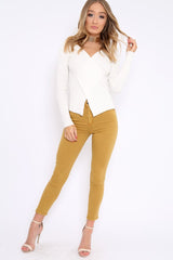 Cream Ribbed Thin Knit Wrap Top - Jordi-Tops