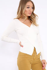 Cream Ribbed Thin Knit Wrap Top - Jordi-Tops