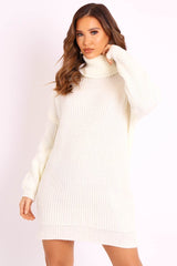 Cream Roll Neck Mini Jumper Dress - Dariyana-Dresses