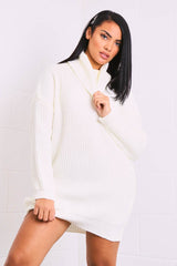 Cream Roll Neck Mini Jumper Dress - Dariyana-Dresses