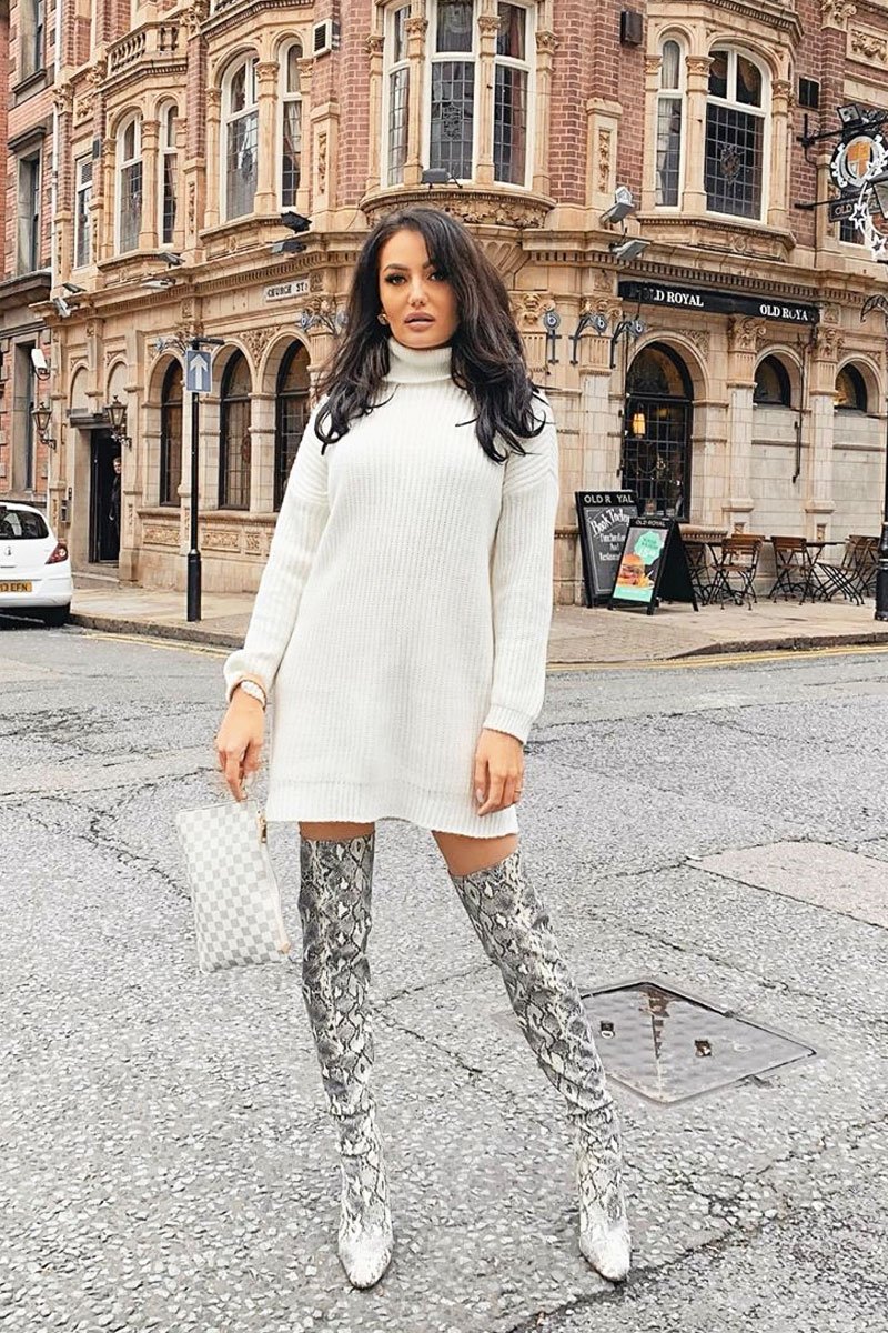 Cream Roll Neck Mini Jumper Dress - Dariyana-Dresses