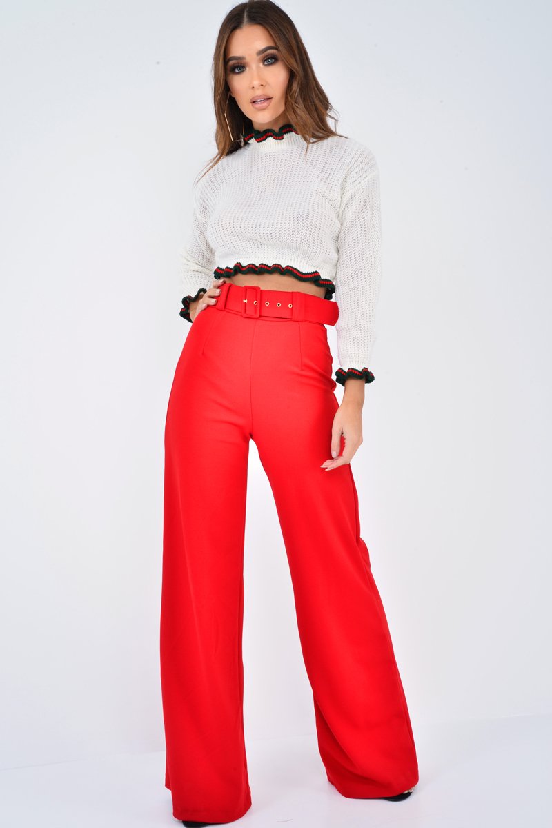 Cream Ruffle Hem With Stripe Trim Chunky Knit Crop Jumper - Alannah-Crop Jumper