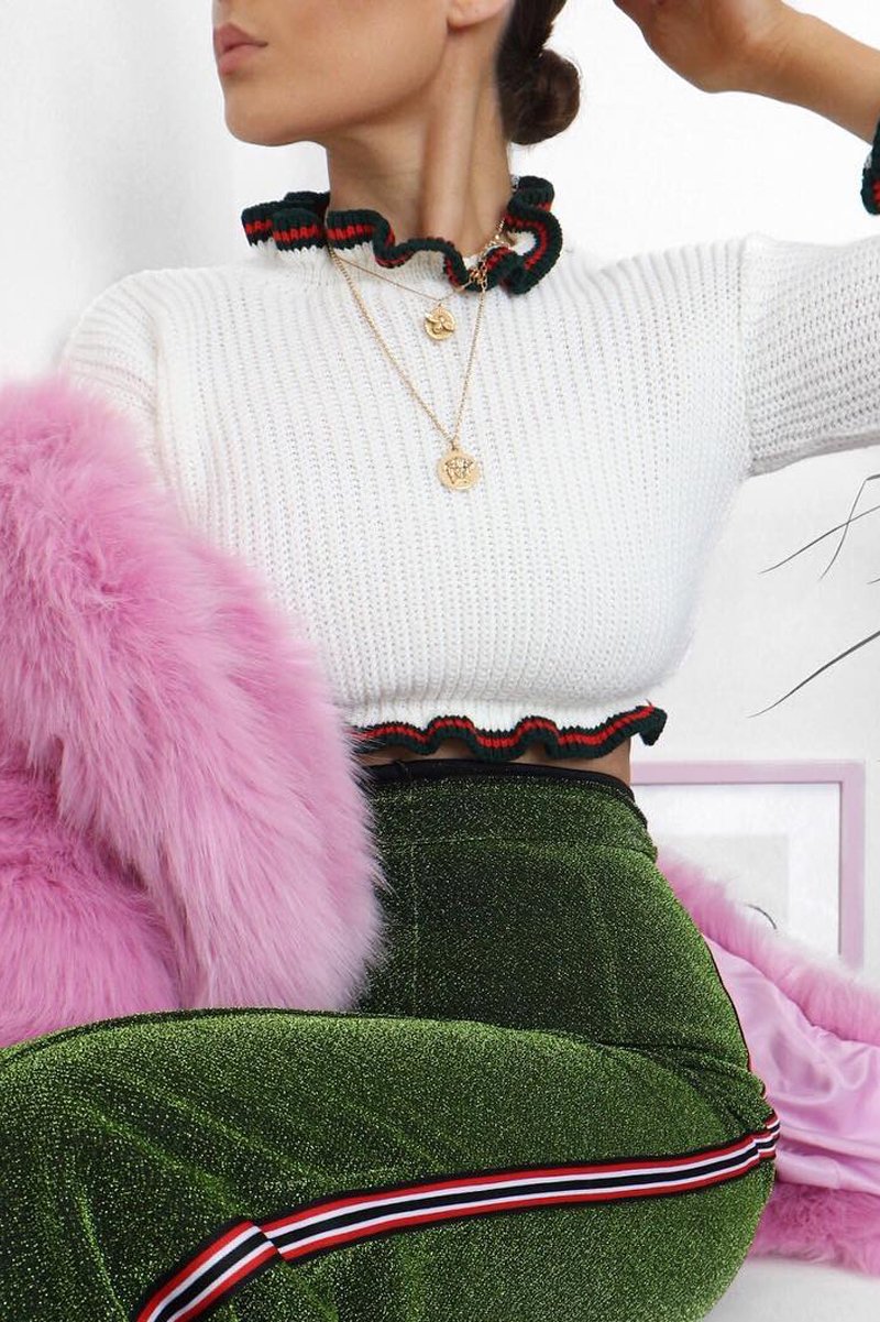 Cream Ruffle Hem With Stripe Trim Chunky Knit Crop Jumper - Alannah-Crop Jumper