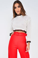 Cream Ruffle Hem With Stripe Trim Chunky Knit Crop Jumper - Alannah-Crop Jumper