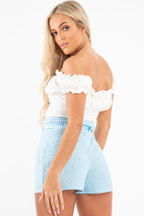 Cream Ruffle Tie Front Bardot Crop Top - Pandora-Crop Tops