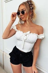 Cream Ruffle Tie Front Bardot Crop Top - Pandora-Crop Tops