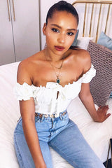 Cream Ruffle Tie Front Bardot Crop Top - Pandora-Crop Tops