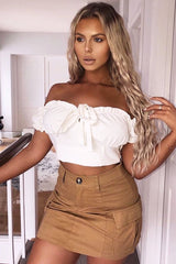 Cream Ruffle Tie Front Bardot Crop Top - Pandora-Crop Tops
