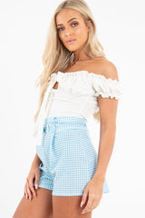 Cream Ruffle Tie Front Bardot Crop Top - Pandora-Crop Tops