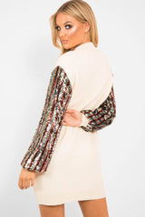 Cream Sequin Sleeve Jumper Dress - Moniece-Dresses