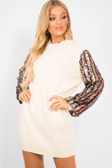 Cream Sequin Sleeve Jumper Dress - Moniece-Dresses