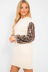 Cream Sequin Sleeve Jumper Dress - Moniece-Dresses