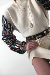 Cream Sequin Sleeve Jumper Dress - Moniece-Dresses