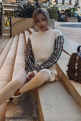 Cream Sequin Sleeve Jumper Dress - Moniece-Dresses