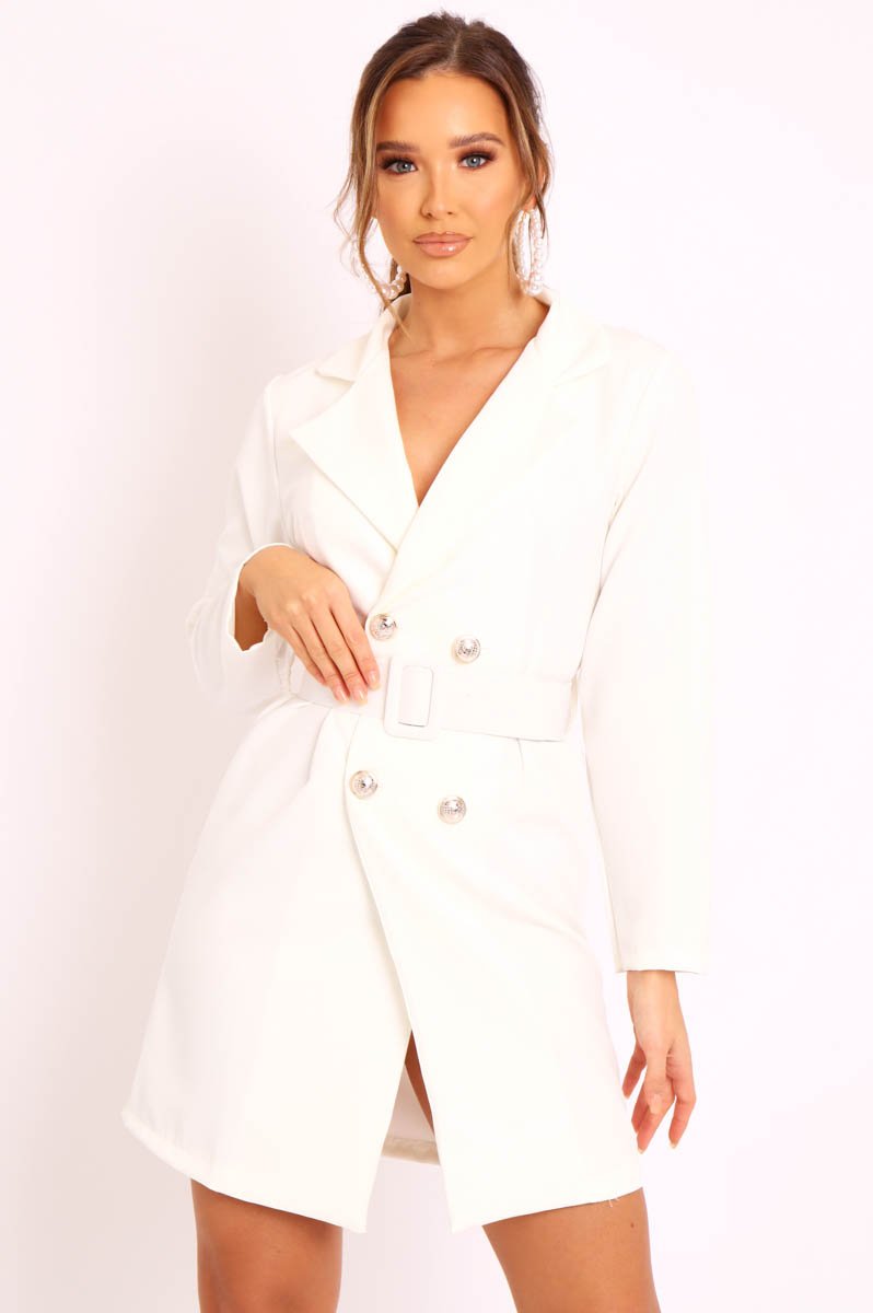 Cream Silver Button Belted Blazer Dress - Hattie-Dresses