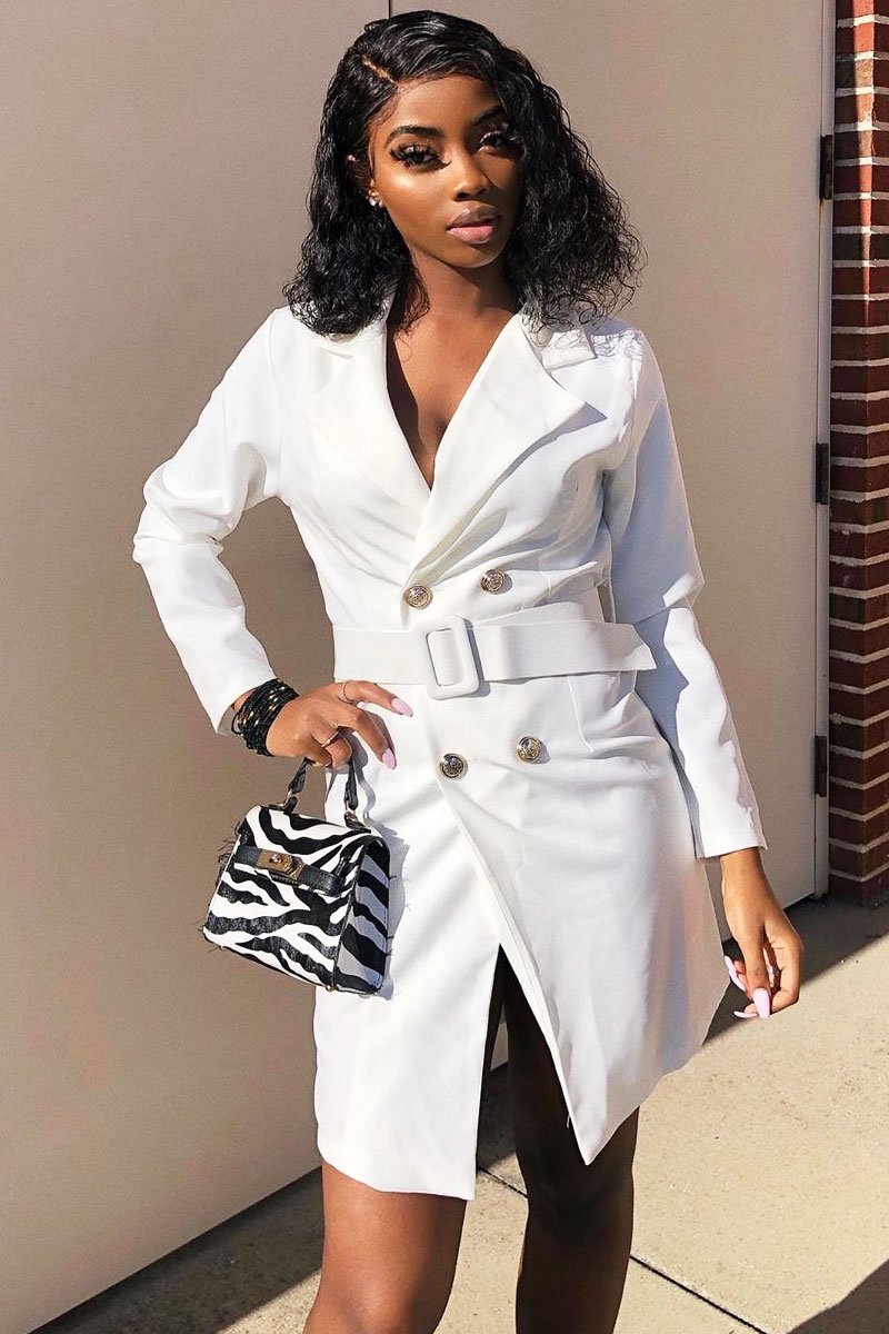 Cream Silver Button Belted Blazer Dress - Hattie-Dresses