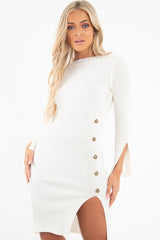 Cream Slash Neck Button Rib Knit Midi Dress - Haydee-Dresses