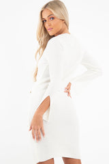 Cream Slash Neck Button Rib Knit Midi Dress - Haydee-Dresses