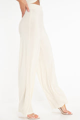 Cream Slinky High Waist Wide Leg Trousers - Traci-Trousers