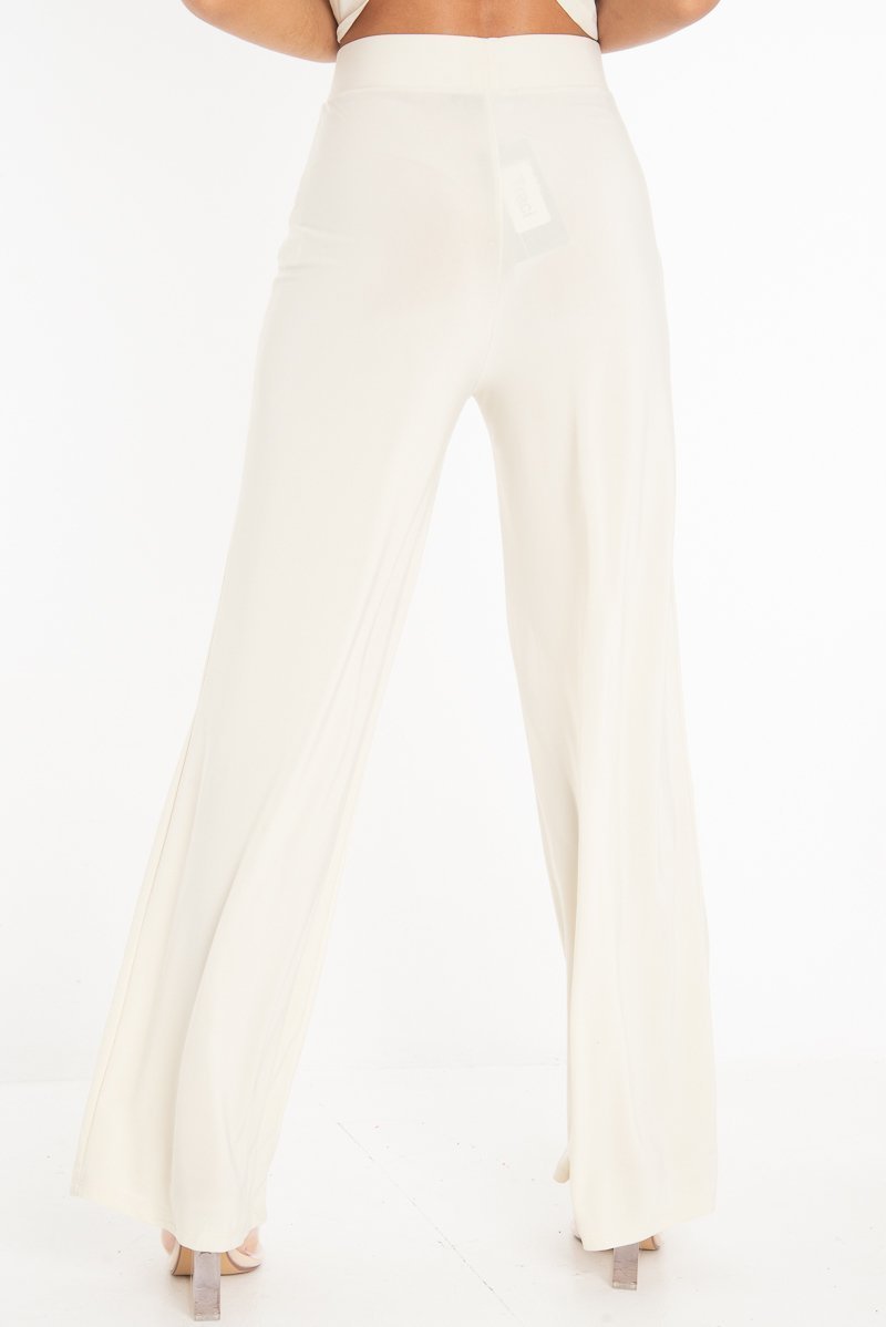Cream Slinky High Waist Wide Leg Trousers - Traci-Trousers