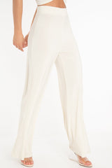 Cream Slinky High Waist Wide Leg Trousers - Traci-Trousers