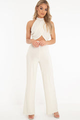 Cream Slinky High Waist Wide Leg Trousers - Traci-Trousers