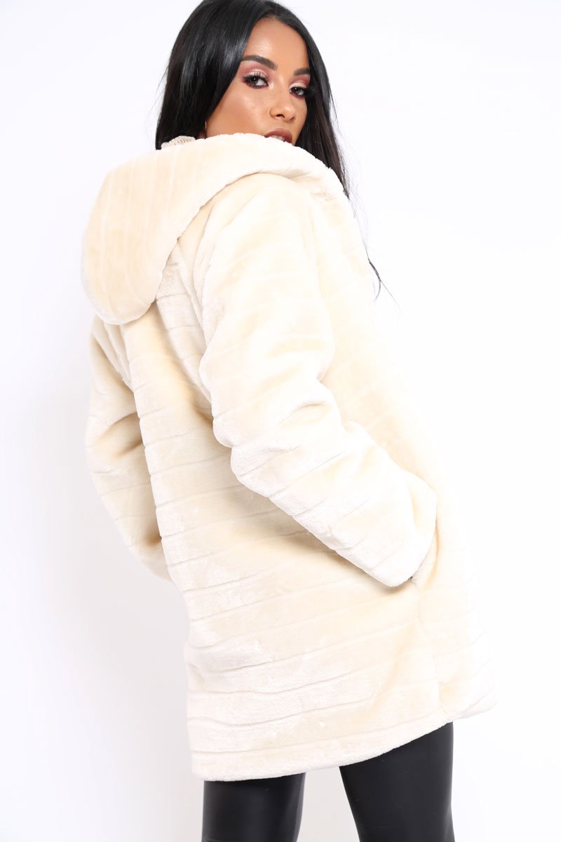 Cream Soft Faux Fur Hooded Coat - Kila-Jackets