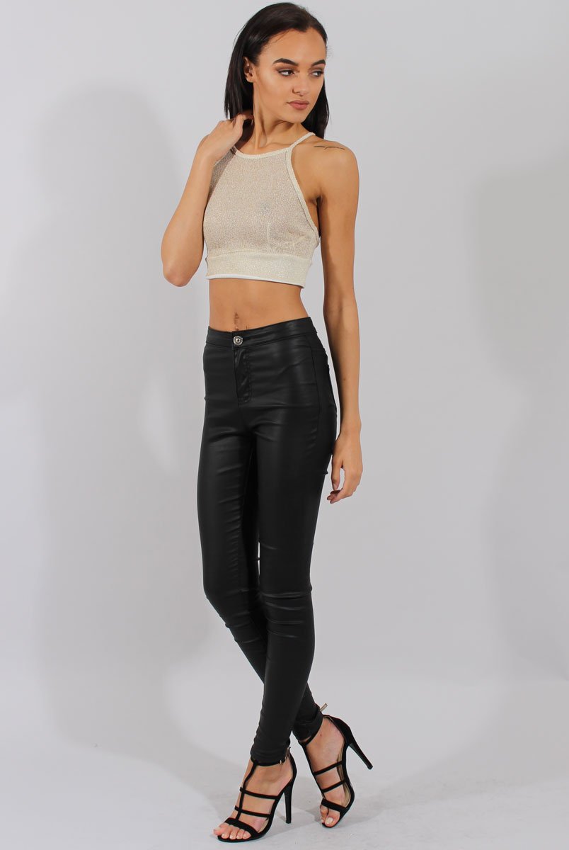 Cream Sparkle Halter Neck Crop Top - Charla-Crop Tops