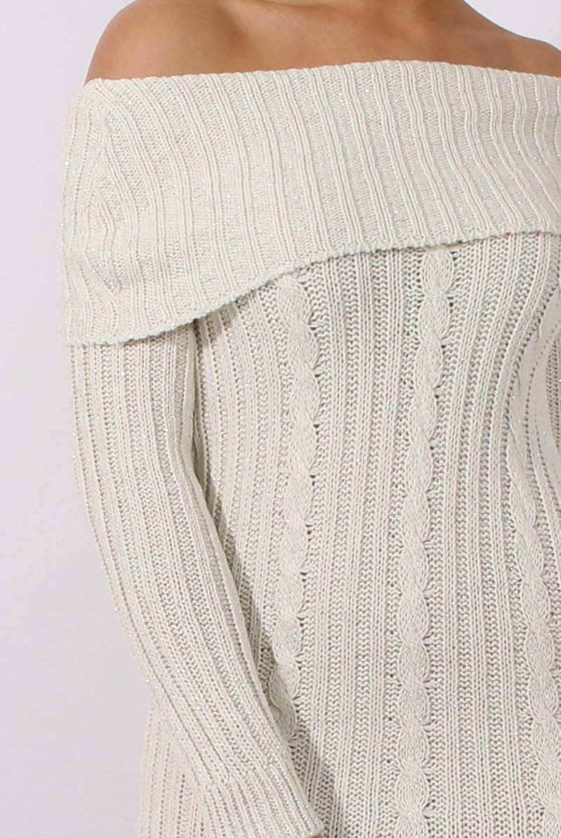 Cream Sparkle Knit Bardot Jumper Dress - Kasey-Dresses