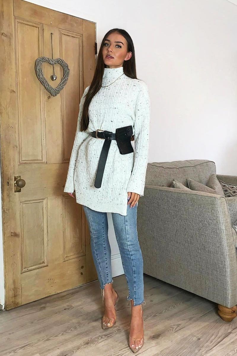 Cream Split Side Cable knit Jumper Dress - Kyla-Dresses