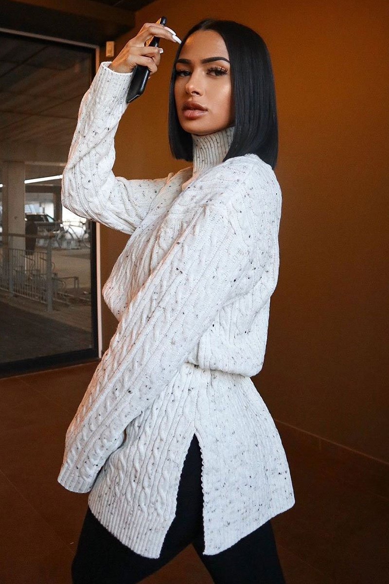 Cream Split Side Cable knit Jumper Dress - Kyla-Dresses