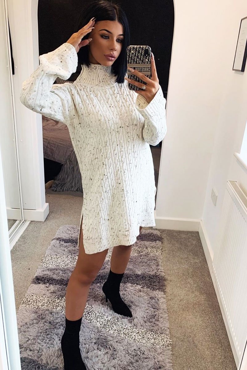 Cream Split Side Cable knit Jumper Dress - Kyla-Dresses