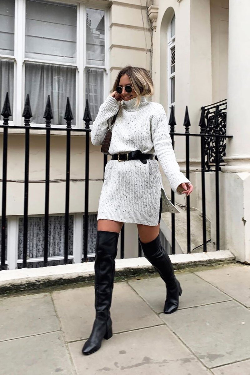 Cream Split Side Cable knit Jumper Dress - Kyla-Dresses