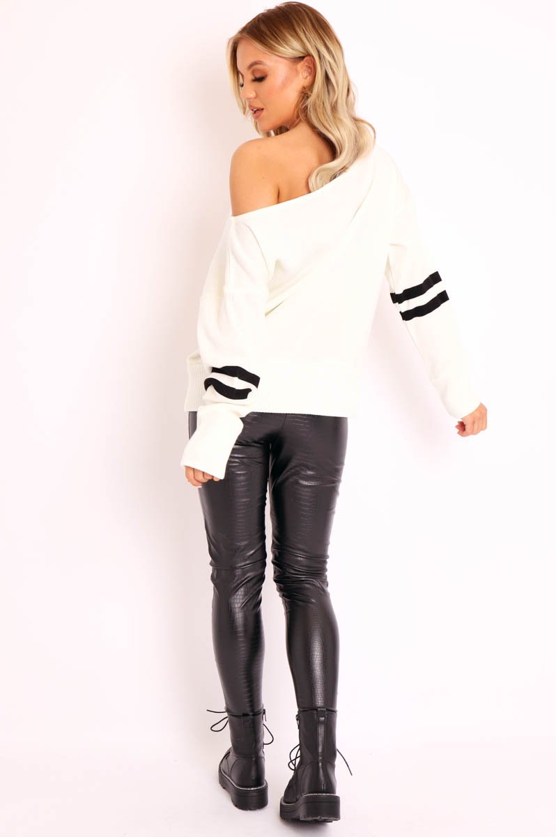 Cream Stripe Off Shoulder Knit Jumper - Fifi-Jumper
