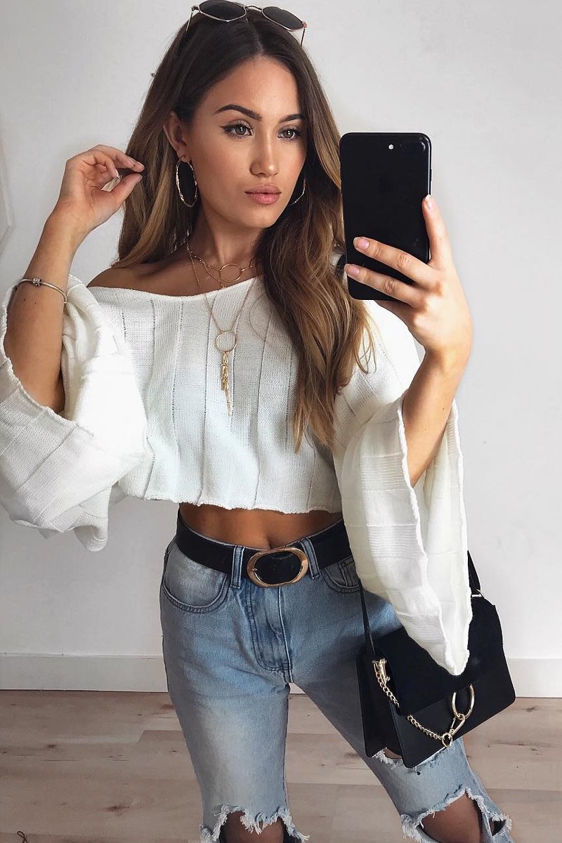 Cream Striped Cropped Batwing Jumper with V neck -Karri-Jumper