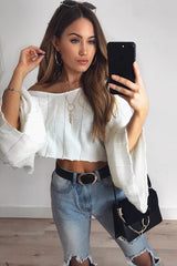 Cream Striped Cropped Batwing Jumper with V neck -Karri-Jumper