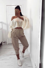 Cream Striped Cropped Batwing Jumper with V neck -Karri-Jumper