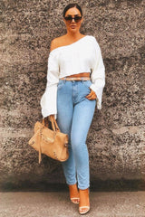 Cream Striped Cropped Batwing Jumper with V neck -Karri-Jumper