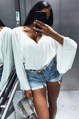 Cream Striped Cropped Batwing Jumper with V neck -Karri-Jumper