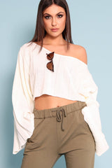 Cream Striped Cropped Batwing Jumper with V neck -Karri-Jumper