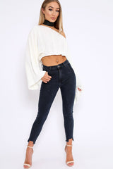 Cream Striped Cropped Batwing Jumper with V neck -Karri-Jumper