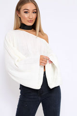 Cream Striped Cropped Batwing Jumper with V neck -Karri-Jumper
