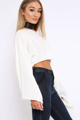 Cream Striped Cropped Batwing Jumper with V neck -Karri-Jumper